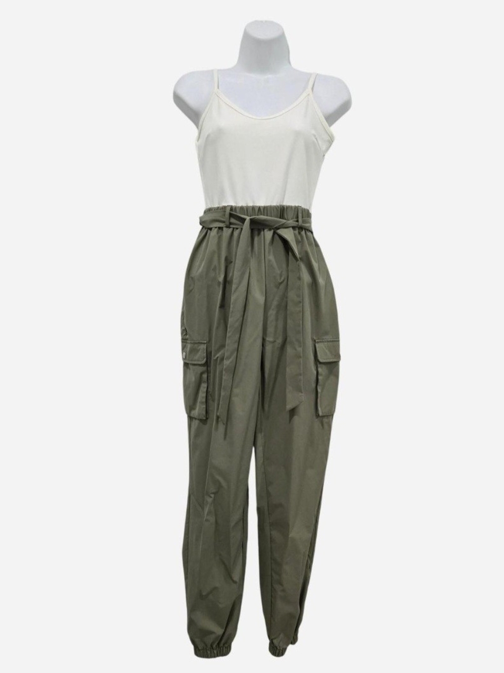 High-Waist Cargo Jumpsuit in Olive Green
